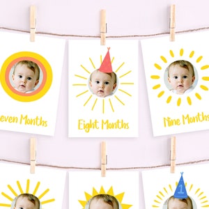 12 maanden fotobanner, blauw, eerste reis rond de zon, 1e verjaardagsfeestje, geel, BEWERKBARE PARTIJ AFDRUKBAAR