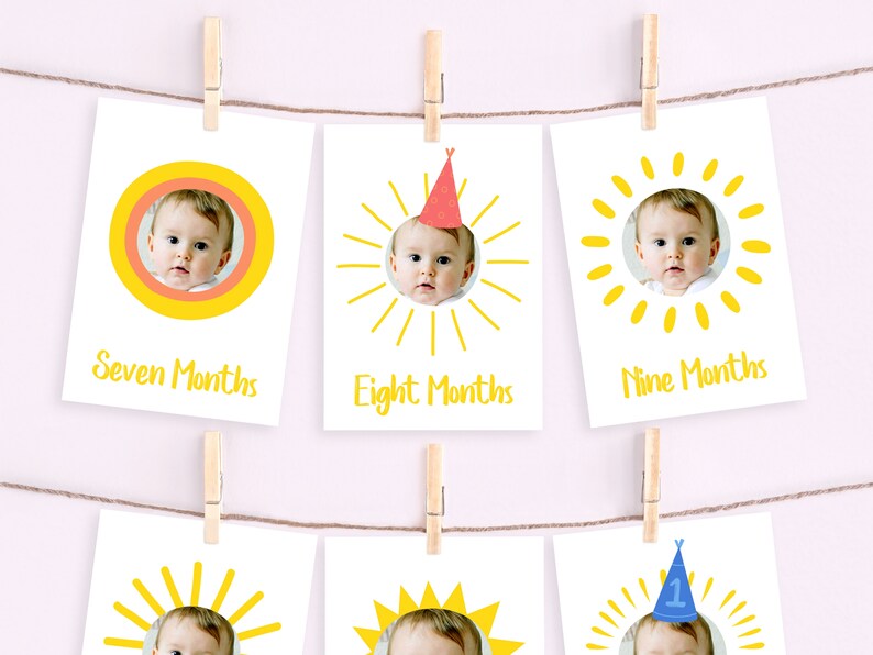 May include: A set of nine printable baby milestone cards featuring a yellow sun design with a photo cutout. Each card has a different month written on it, from seven to fifteen months.