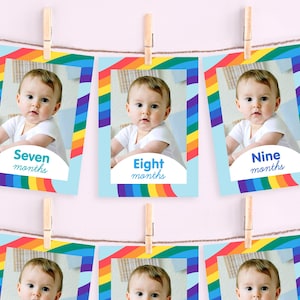 12 maanden fotobanner, regenboog, 1e verjaardagsfeestje, BEWERKBARE PARTIJ AFDRUKBAAR