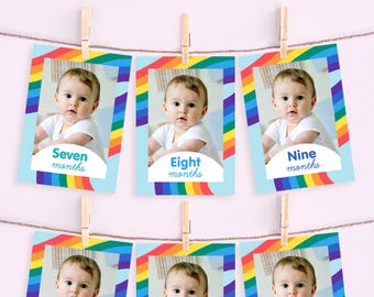 Striscione fotografico per 12 mesi, arcobaleno, festa del 1° compleanno, stampabile modificabile per feste