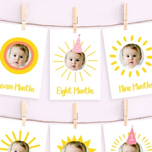 12 maanden fotobanner, roze, eerste reis rond de zon, 1e verjaardagsfeestje, BEWERKBARE FEESTAFDRUKBAAR