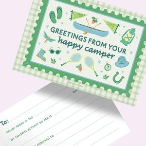 May include: A rectangular postcard with a green gingham border featuring the text GREETINGS FROM YOUR happy camper and illustrations of a canoe, lantern, tennis rackets, and flip-flops. The reverse side includes lines for writing with the text To, Hello, Today is the, My favorite activity so far is, and I am looking forward to.