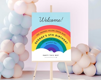 Cartello di benvenuto, arcobaleno, divertimento colorato, festa di compleanno per bambini, stampabile modificabile per feste