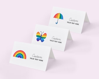 Carte da tavolo piegate, arcobaleno, festa di compleanno per bambini, colorate, divertenti, farfalla, ombrello, stampabili per feste modificabili