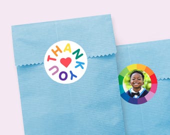 Adesivi di ringraziamento arcobaleno: bomboniere per feste di compleanno per bambini (stampabili e modificabili)