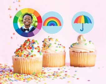 Toppers per cupcake, arcobaleno, festa di compleanno per bambini, colorato, divertente, farfalla, ombrello, stampabile per feste modificabili