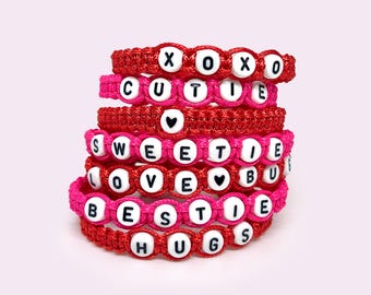 Valentine Beaded Bracelets, Friendship Bracelets, Valentines for Kids, Class Favors, Adjustable Waxed String Cord