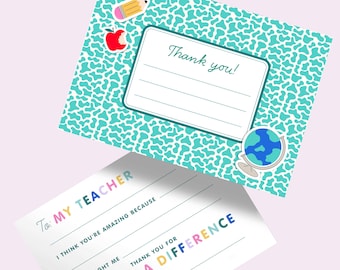 Biglietto di ringraziamento da compilare, quaderno per appunti, ringraziamento per l'insegnante, biglietto per bambini, stampabile e modificabile