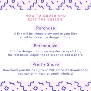 May include: A pink and blue graphic with the text "HOW TO ORDER AND EDIT THE DESIGN". The graphic explains how to purchase, personalize, and print or share a design using Corjl.