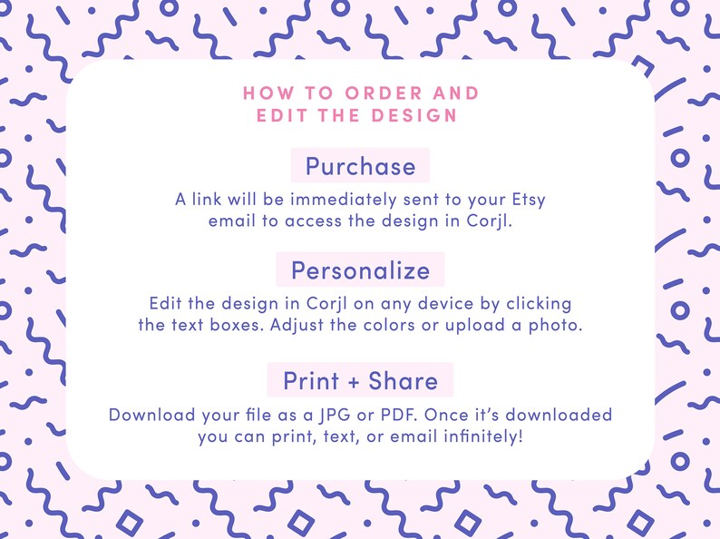 May include: A pink and blue graphic with the text "HOW TO ORDER AND EDIT THE DESIGN". The graphic explains how to purchase, personalize, and print or share a design using Corjl.