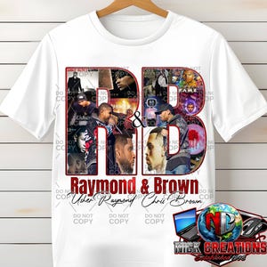 May include: White t-shirt featuring a collage design with the letters "FB" in red, and a black ampersand. The design includes images of Usher Raymond and Chris Brown, with the text "Raymond & Brown" and "Usher Raymond Chris Brown".