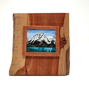 Small Mosaic Art, Stained Glass Mosaic, Mosaic of Portage Glacier on Cedar substrate/frame, Art for hanging or displaying,