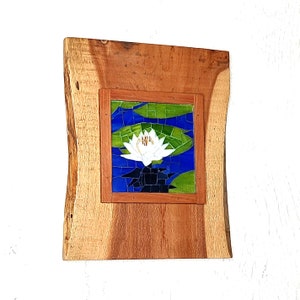 Small Mosaic Art, Stained Glass Mosaic Lily Pad, Rough Sawn Cedar Substrate/Frame, Art for Hanging or Displaying