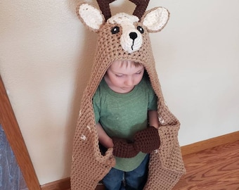 Gehaakte deken met capuchon. Dierendeken. Bosthemadeken. Maat voor kinderen en volwassenen. Aangepaste kleuren beschikbaar. Hert, wasbeer of egel