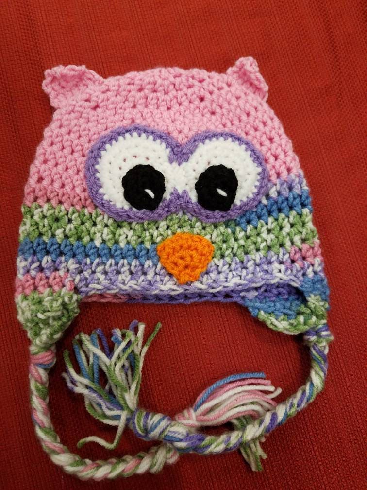 Cute owl hats with earflaps. Handmade crochet item. Many sizes and colors available.