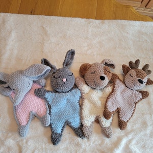 Handmade animal lovies. Deer lovey, elephant lovey, dog lovey, bunny lovey. Comfot blanket. Security blanket. Nursery blankets