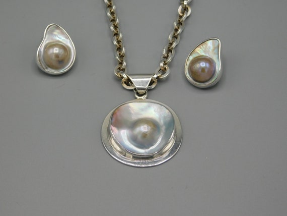 Sterling Silver and Mother of Pearl Necklace and … - image 1