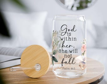 God Is Within Her Glass Can | Faith Gift, Perfect Gift for Friends, Bible Verse Tumbler, Eco-Friendly Beverage
