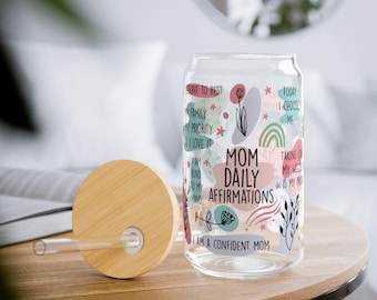 Mom Daily Affirmations Glass Can, Inspirational Drinkware, Motivational Jar with Straw, Gifts for Moms, Home Decor