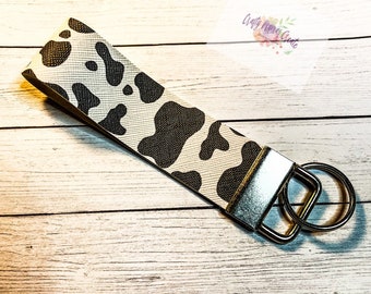 Faux Leather Keyfob Wristlet; Cow Print Keyfob