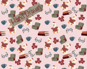 Cute Reading Goose Seamless Pattern | Cozy Bookish Duck Coffee Print | Academia Armchair Digital Paper PNG | Commercial Use File