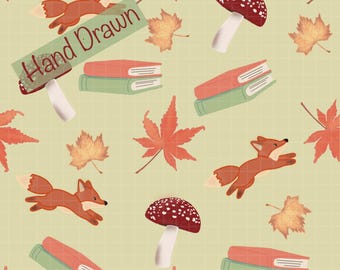Fall Fox Seamless Pattern | Woodland Autumn Mushroom Leaves Print | Cottagecore Forest Digital Paper PNG | Commercial Use File