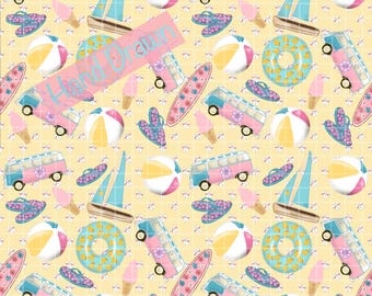 Summer Beach Seamless Pattern | Retro Bus Surfboard Print | Pastel Pool Float Flip Flop Digital Paper PNG | Commercial Use File