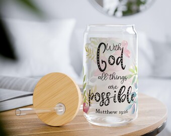 With God All Things are Possible Glass Can, Inspirational Drinkware for Home, Faith Gifts, 16oz Glass