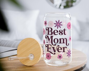 Best Mom Ever Floral Glass Can, Gifts for Mom, Mother's Day Gift, Gift for Mom, Eco-Friendly Drinkware, Reusable Travel Cup