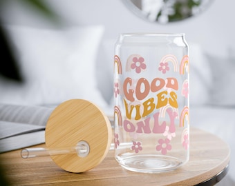 Good Vibes Only Sipper Glass Can, 16oz - Fun Drinkware for Parties, Gifts, Summer, Picnics, Home Decor