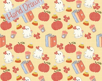 Cute Ghost Pumpkin Seamless Pattern | Fall Halloween Digital Paper | Kawaii Autumn Coffee Books Candy Corn Print | Commercial Use PNG File