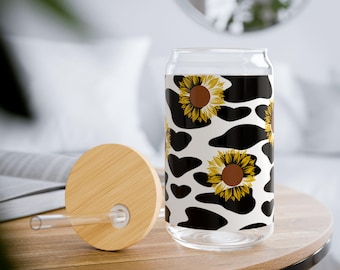 Sunflower Cow Print Sipper Glass Can | 16oz | Cute Drinkware for Summer Parties, Garden Picnics, Birthday Gifts, Eco-Friendly Water Bottle,