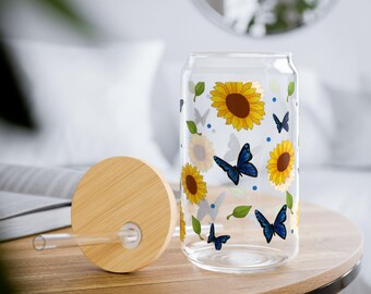 Sunflower and Butterfly Glass Can, 16oz Glass Perfect for Summer, Picnics, Gifts, Home Decor, Eco-Conscious Drinkware
