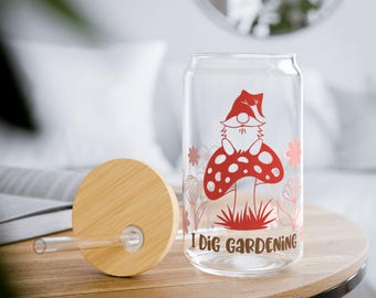 Gnome Garden Lover's Glass Can| I Dig Gardening | Eco-Friendly Drinkware, Cute Beverage Jar, Gift for Gardeners, Floral Cup, Mother's Day