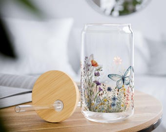 Wildflower Floral Glass Can, 16oz | Eco-Friendly, Butterfly Drinkware, Garden Inspired Drinkware, Summer Picnic Accessory, Cute Gift