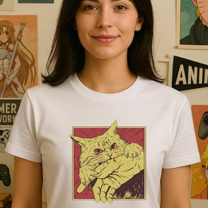 Vintage Cat Biting Hand Shirt | Anime Cat T-Shirt for Cat Lovers | Japanese Style Cat Tee | Cute Angry Cat Graphic | Unisex Cat Meme Shirt