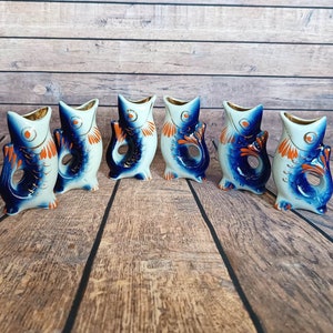 Vintage Porcelain drinking set fish for 6 persons "Carp Family" Koi Fish Sake Retro kitchen decor Vintage Home decor USSR