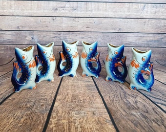 Vintage Porcelain drinking set fish for 6 persons &quot;Carp Family&quot; Koi Fish Sake Retro kitchen decor Vintage Home decor USSR