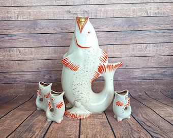 Vintage 70s Porcelain drinking set fish for 3 persons "Carp Family" Koi Fish Sake Retro kitchen decor Vintage Home decor USSR
