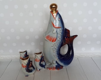 Vintage 70s Porcelain drinking set fish for 3 persons &quot;Carp Family&quot; Koi Fish Sake Retro kitchen decor Vintage Home decor USSR