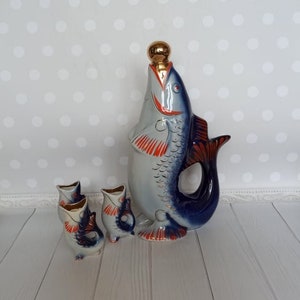 Vintage 70s Porcelain drinking set fish for 3 persons "Carp Family" Koi Fish Sake Retro kitchen decor Vintage Home decor USSR
