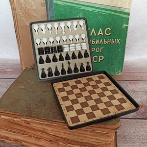 Vintage Pocket Magnetic Chess and Checkers Mini Travel chess set USSR Magnetic travel game Mini Travel chess Vintage home decor Gift chess