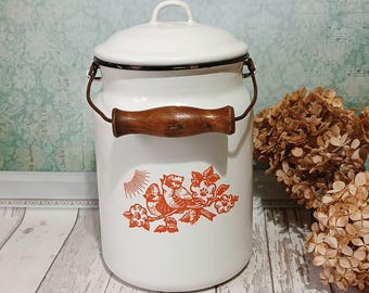 Enamel Milk Canister White Enameled Jar Country Kitchen Decor