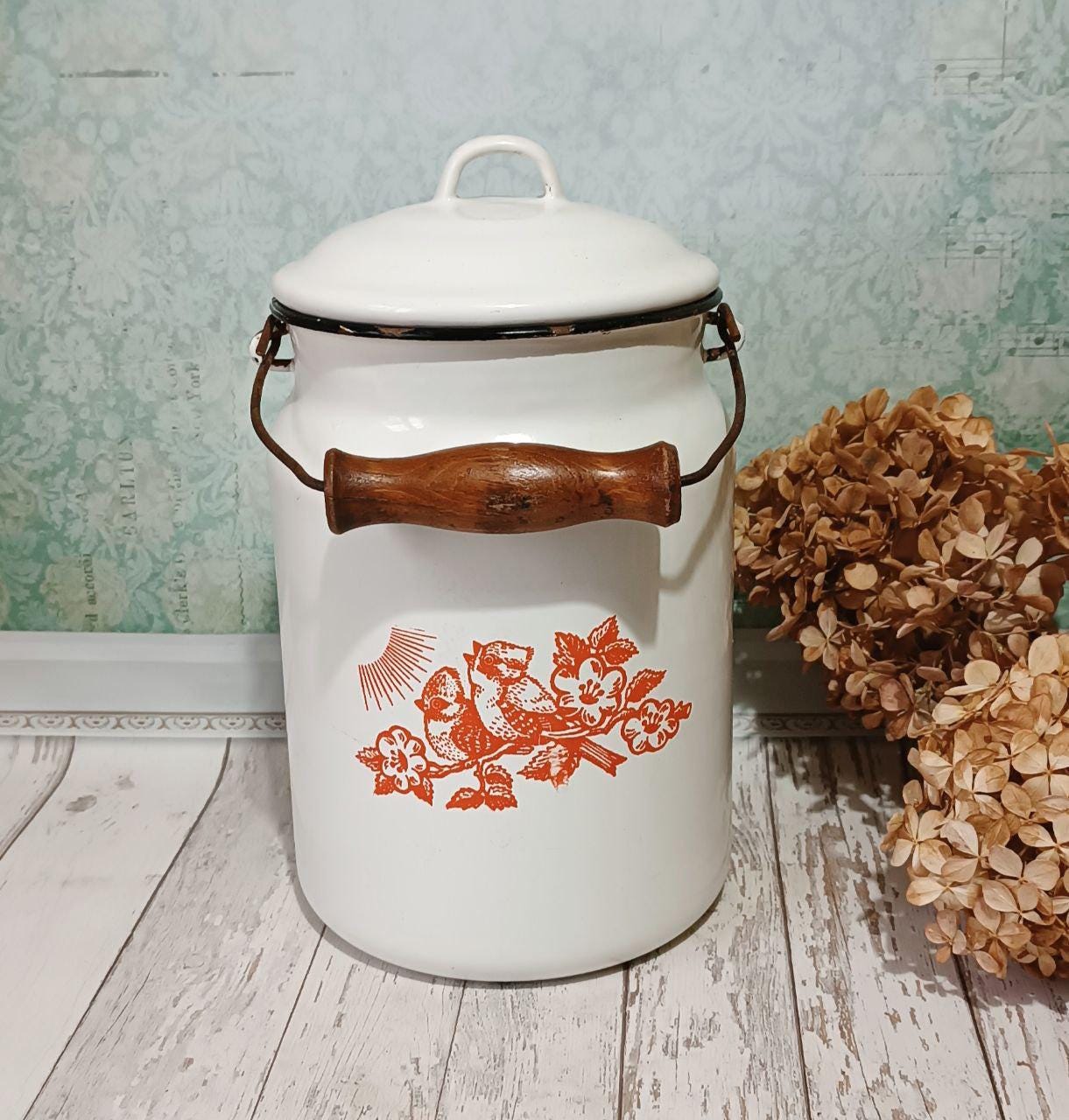 Enamel Milk Canister White Enameled Jar Country Kitchen Decor