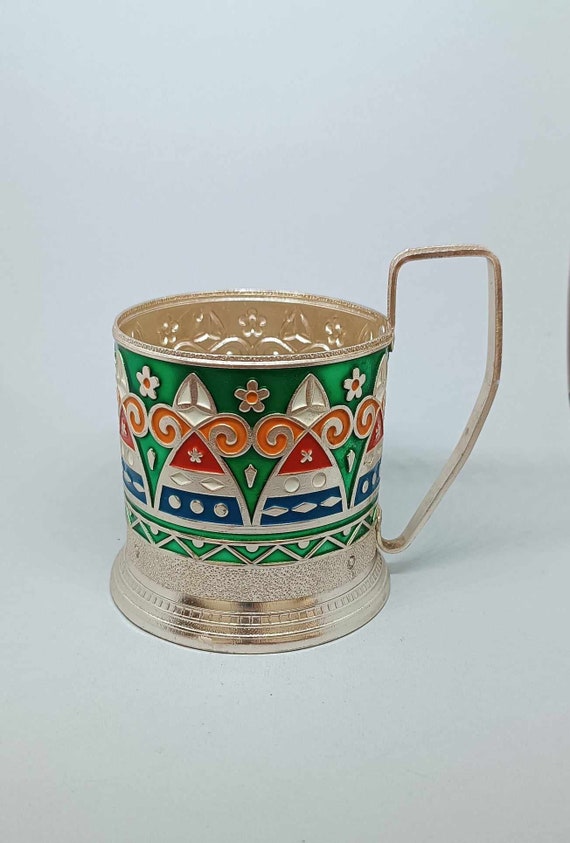 Podstakannik Oriental print metal glass holder USSR, Tea accessories Metal cup holder Vintage Vintage Home decor Podstakannik USSR 1980's