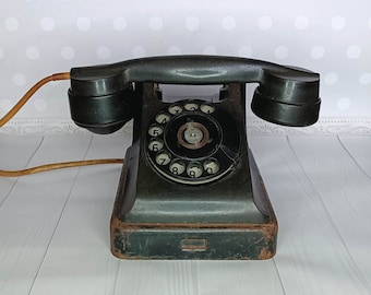 Antique Black Rotary Desktop Telephone, 1920's, Heavy Art Deco