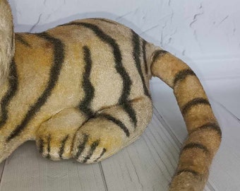 Ancienne Peluche Tigre Vintage Aux Yeux Verts - Superbe état