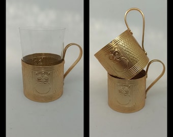 Set Podstakannik Owl metal glass holder USSR, Tea accessories Metal cup holder Vintage Vintage Home decor Podstakannik USSR 1980's