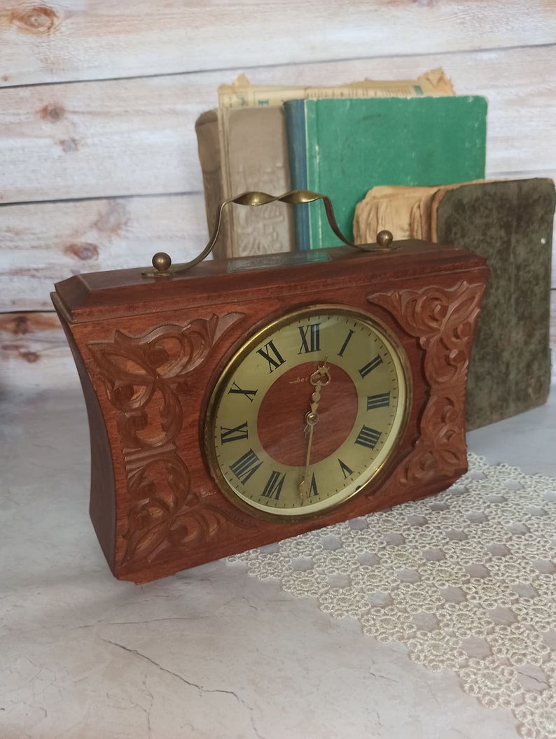 Vintage 70s Vintage Home decor Retro Clock the USSR Vintage decor Wooden mantel clock Suitcase table clock Mechanical desk wind up clock image 7