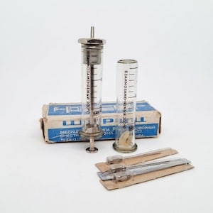 Vintage Soviet Medical Glass Syringe 10 ml in box USSR 1978 +spare flask Soviet medical equipment Vintage Medical Supplies